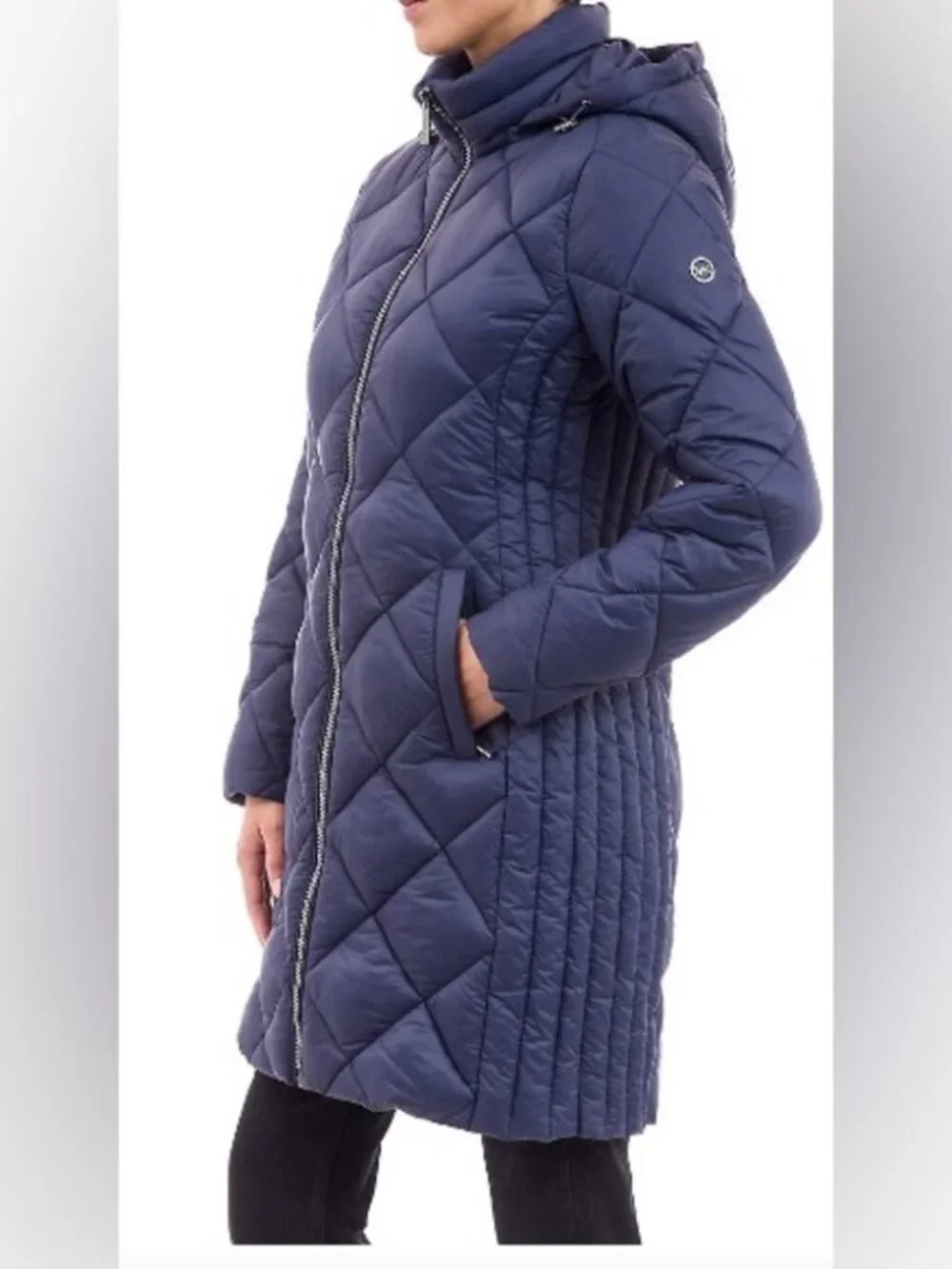 Michael Kors Navy Blue quilted Puffer Packable Down filled Trench jacket, sz S